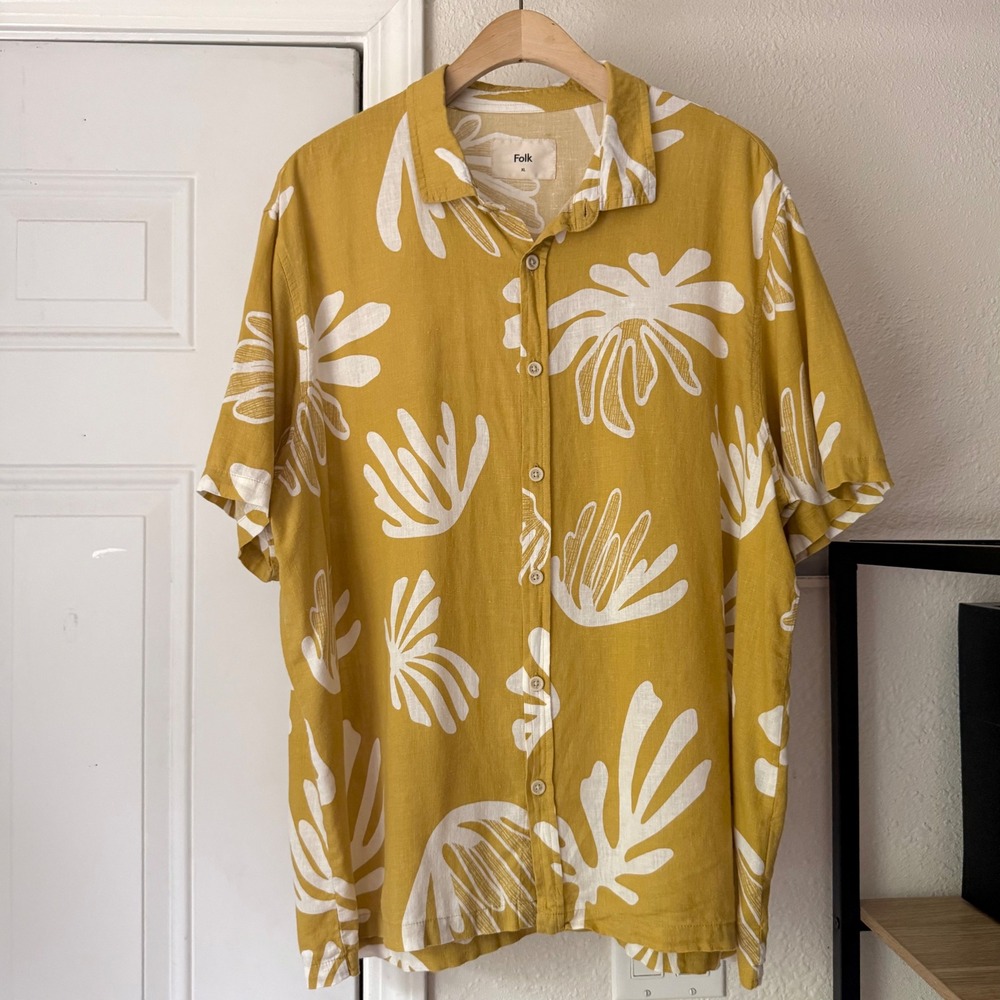 FOLK mustard‎ yellow tropical printed linen viscose short sleeve button up shirt